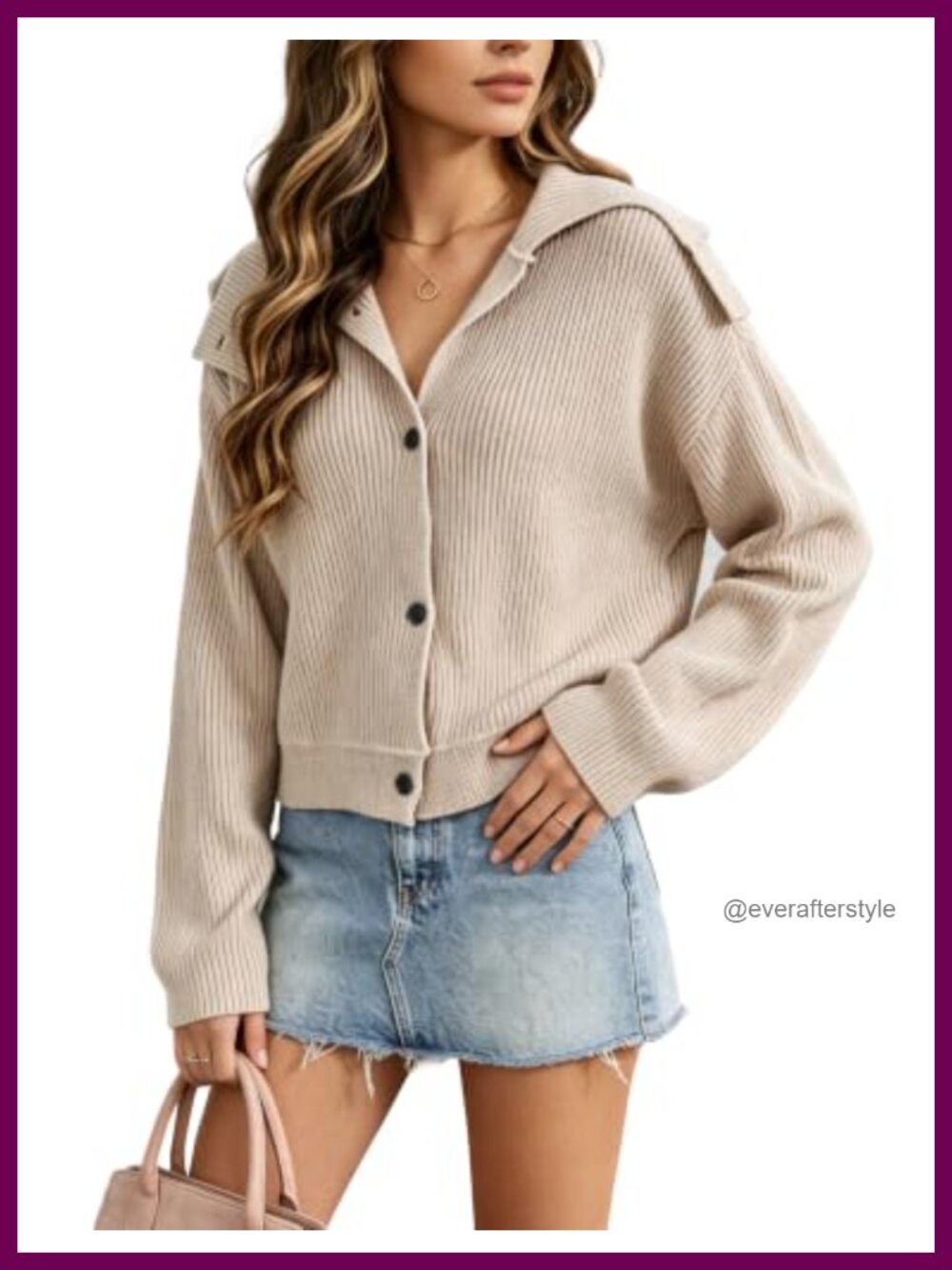 Women Loose Knit Cardigan Sweater High Neck Long Sleeve Buttons